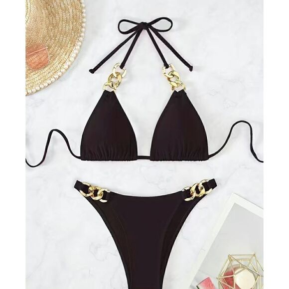 NEW SZ XL Woman’s Black V-Neck Tie Back Gold Ring Link Bikini - Picture 2 of 6